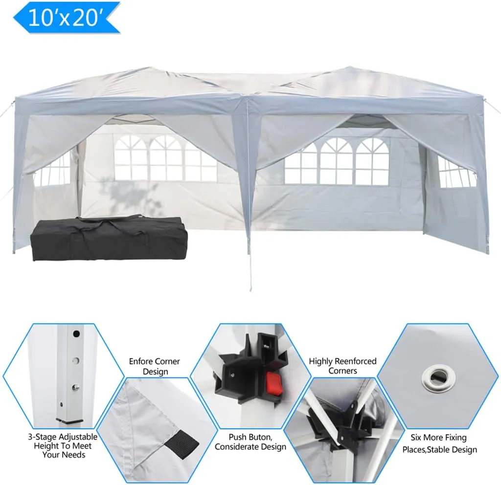 10' x 20' Pop Up Canopy Tent Instant Outdoor Canopy Shelter w/ 1-Button Push, Carry Bag, 6 Walls and 2 Doors, Heavy Duty Outdoor Tents Wedding Party Tent UV Blocking and Waterproof (White)