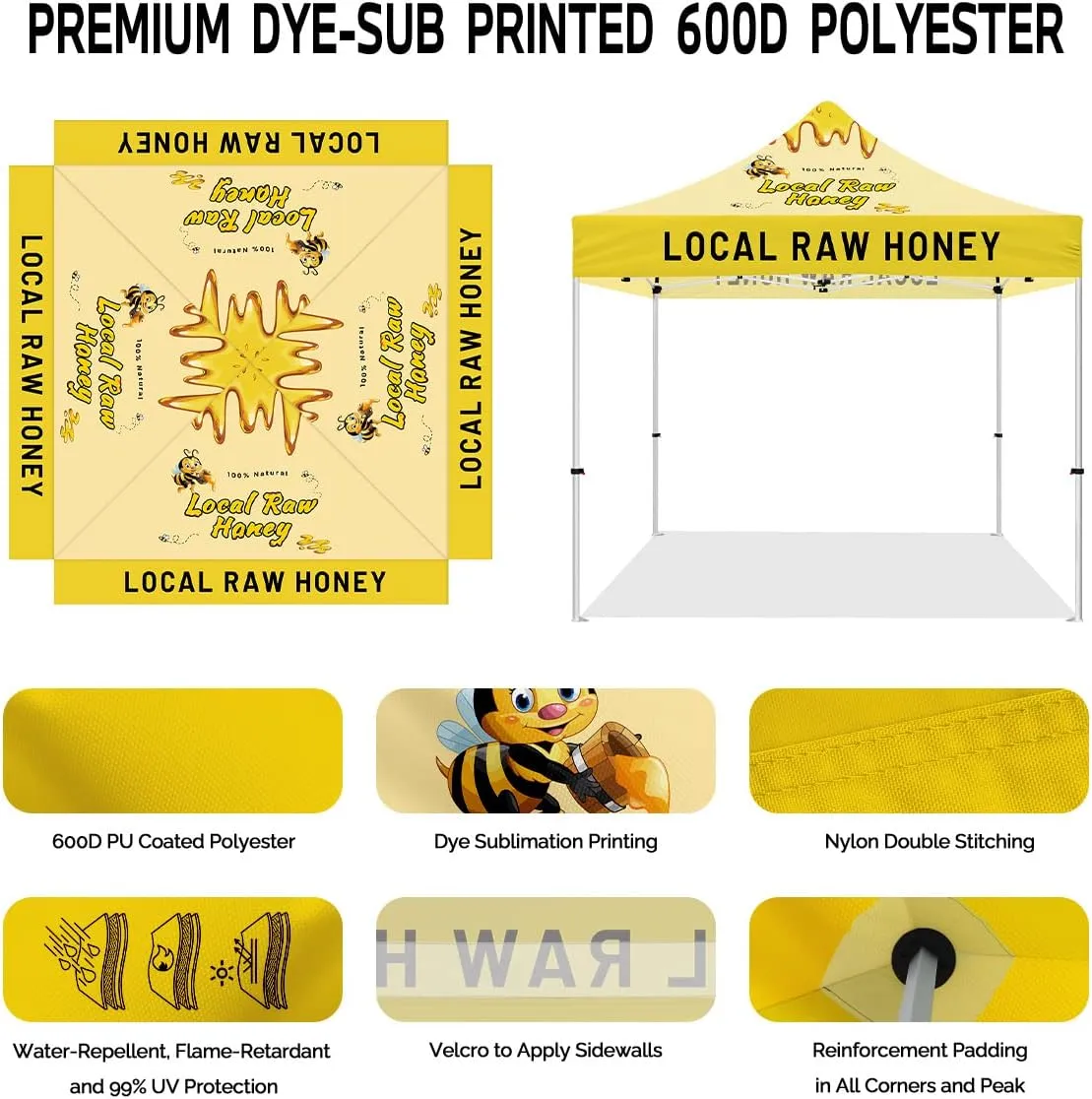 10x10 Pop Up Canopy Tent for Local Honey Business, ABLEM8CANOPY Heavy Duty Outdoor Canopy for Honey Vendors Market Promotion and Shade Tent, Roller Bag Included