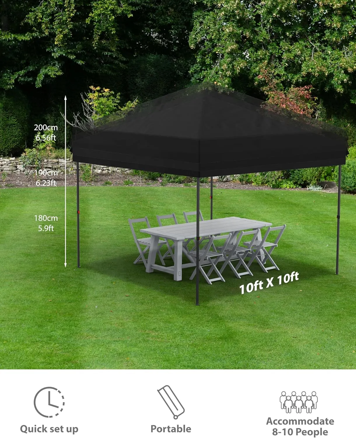 10'x10' Pop up Canopy Tent with 1 Sidewall, Waterproof Instant Tent with 210D Silver Coated Fabric, Portable Canopy Shelter with Wheeled Bag, 4 Sandbags, 4 Stakes & 4 Ropes, Black