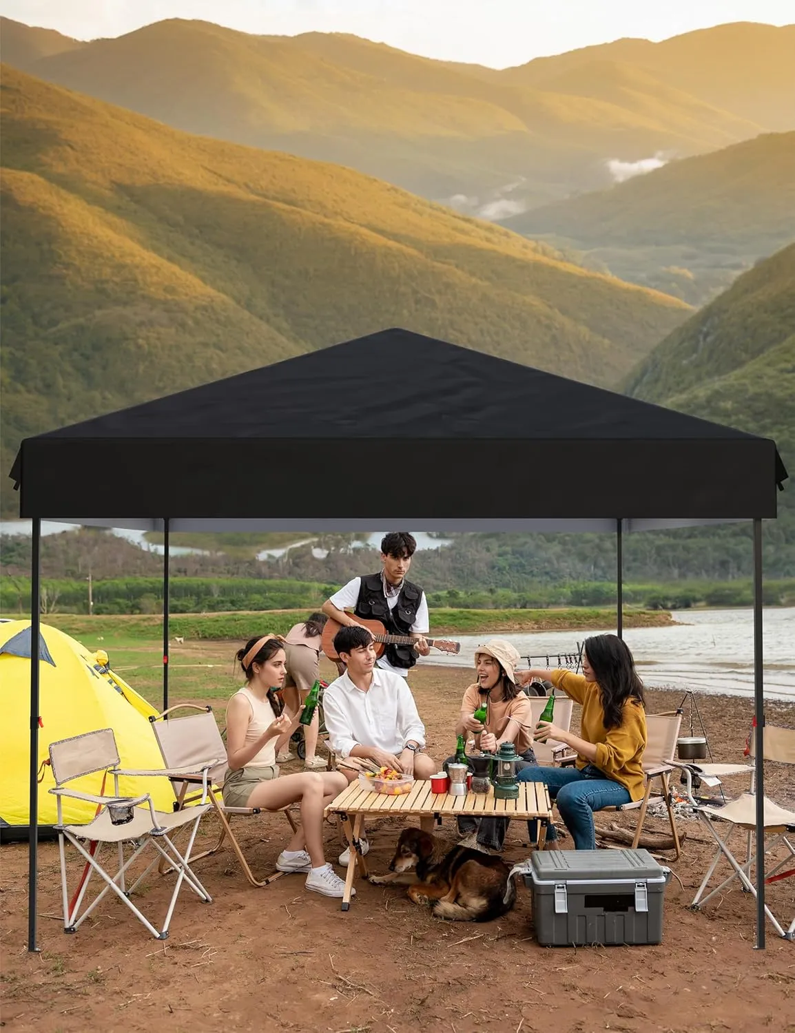 10'x10' Pop up Canopy Tent with 1 Sidewall, Waterproof Instant Tent with 210D Silver Coated Fabric, Portable Canopy Shelter with Wheeled Bag, 4 Sandbags, 4 Stakes & 4 Ropes, Black