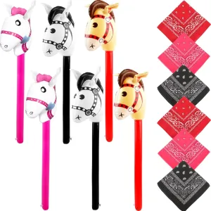 12 Pack Inflatable Stick Horse and Paisley Bandanas Blow Up Horse Head Stick Inflatable Stick for Cowboy Party