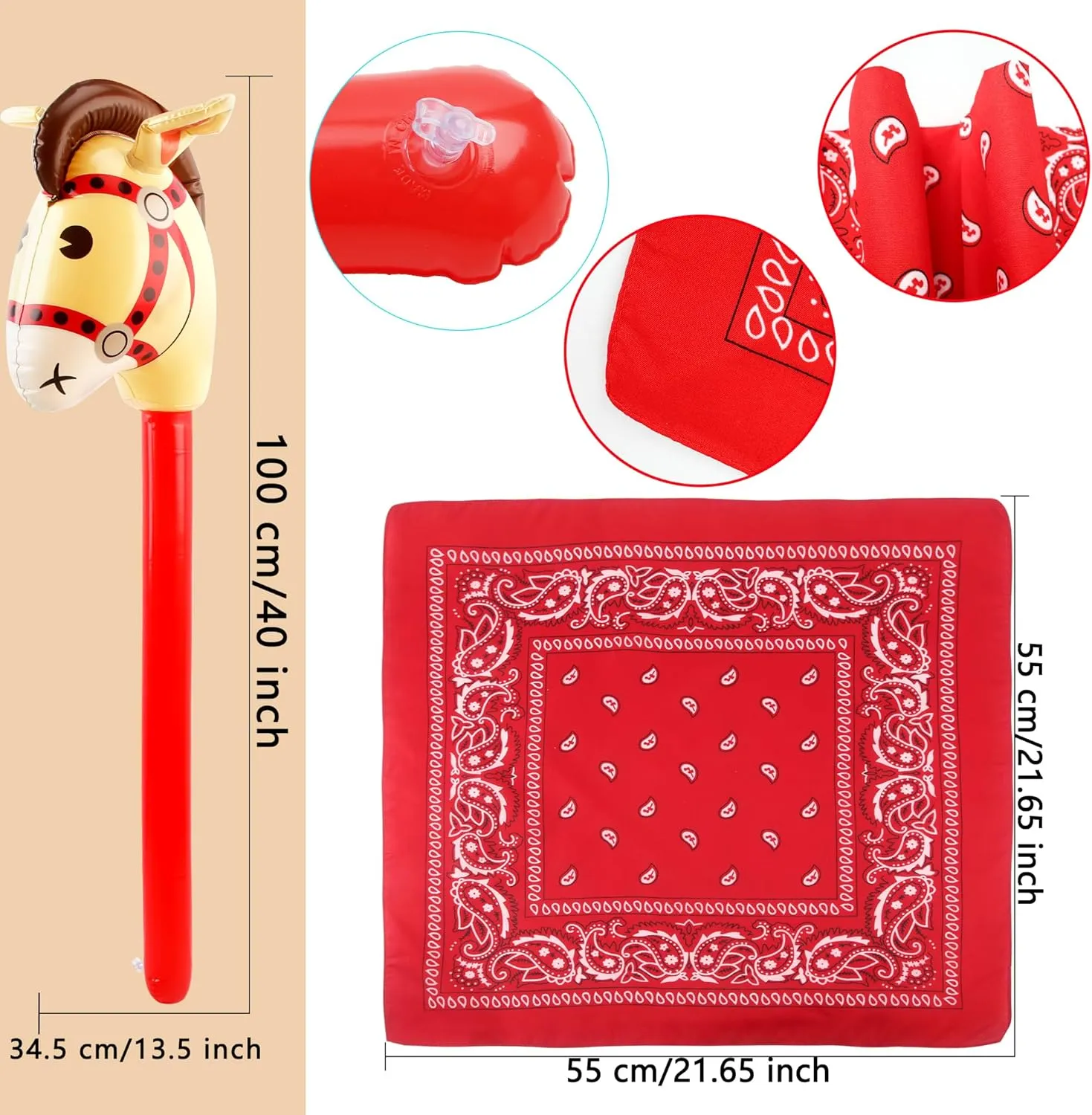 12 Pack Inflatable Stick Horse and Paisley Bandanas Blow Up Horse Head Stick Inflatable Stick for Cowboy Party