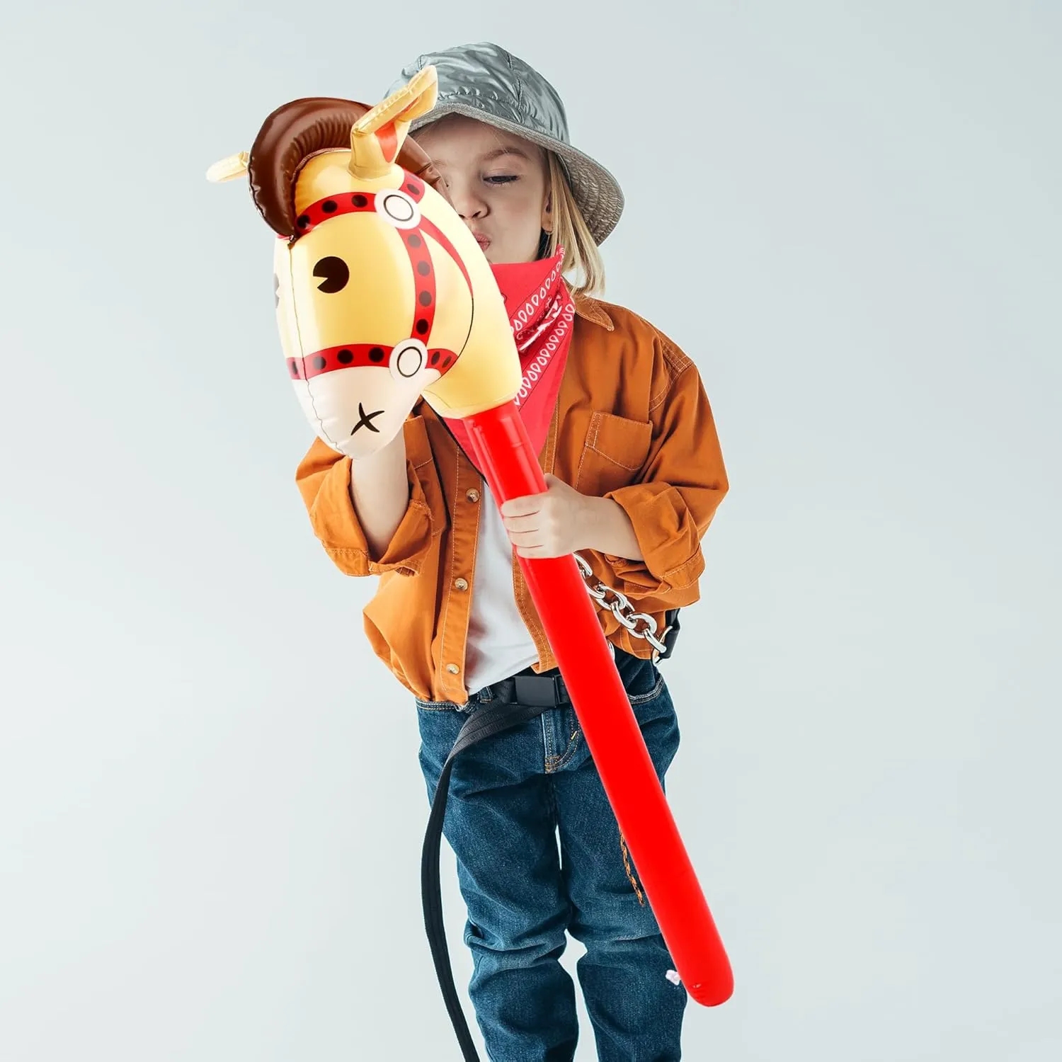 12 Pack Inflatable Stick Horse and Paisley Bandanas Blow Up Horse Head Stick Inflatable Stick for Cowboy Party