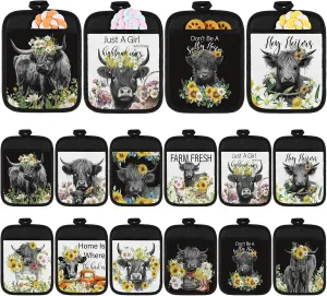 12 Pcs Highland Cattle Pot Holders with Pocket Sunflower Cow Pot Holders for Kitchen Hot Pads and Oven Mitts Floral Farmhouse Oven Gloves for Funny Gift Baking Cooking