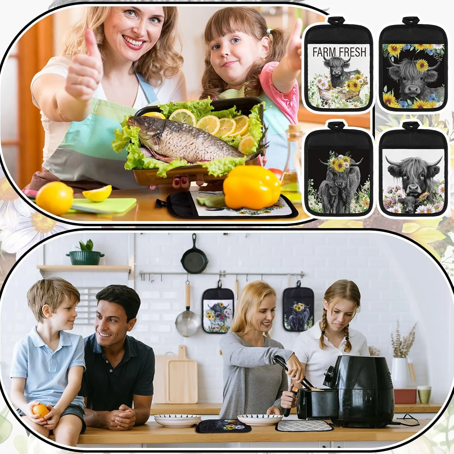 12 Pcs Highland Cattle Pot Holders with Pocket Sunflower Cow Pot Holders for Kitchen Hot Pads and Oven Mitts Floral Farmhouse Oven Gloves for Funny Gift Baking Cooking