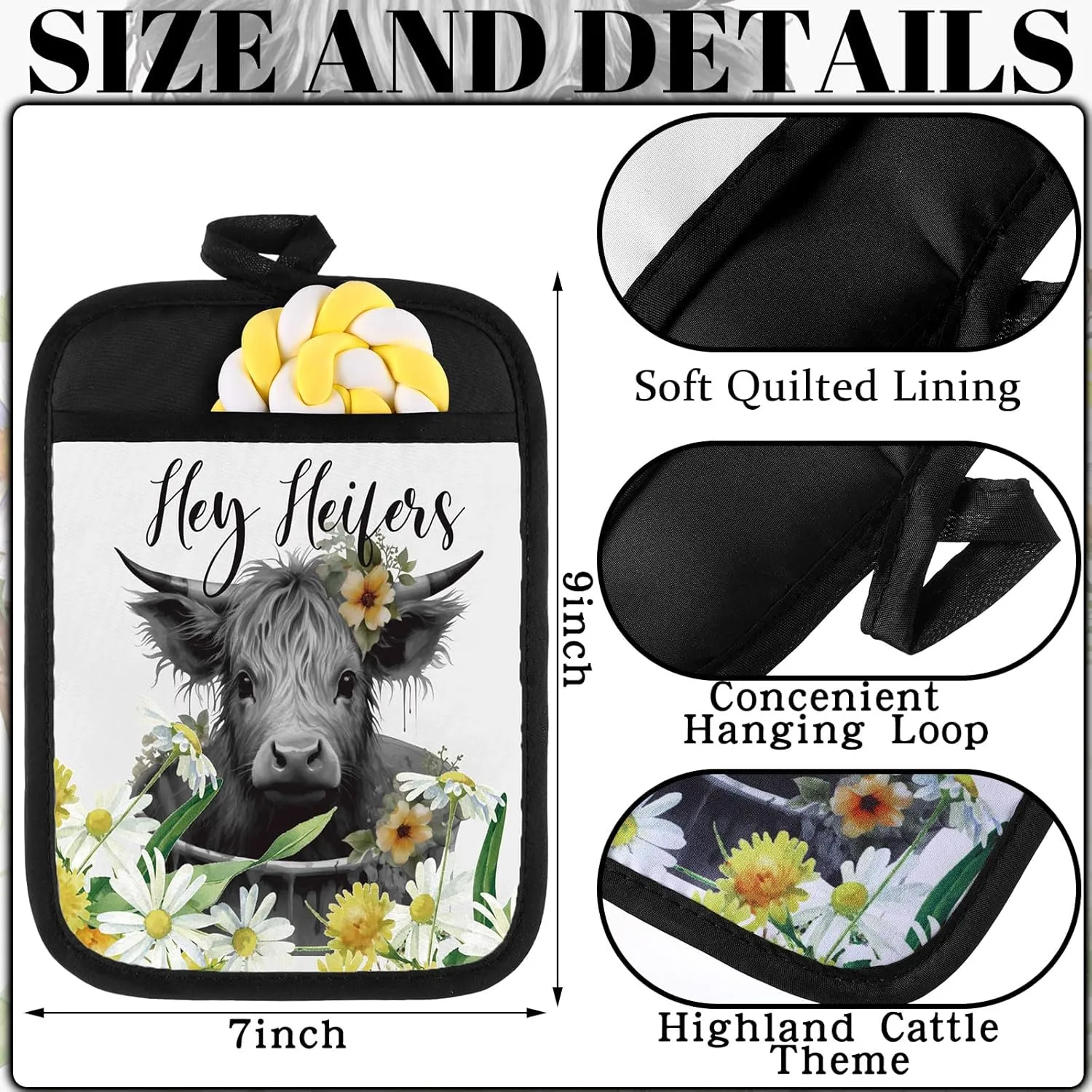 12 Pcs Highland Cattle Pot Holders with Pocket Sunflower Cow Pot Holders for Kitchen Hot Pads and Oven Mitts Floral Farmhouse Oven Gloves for Funny Gift Baking Cooking