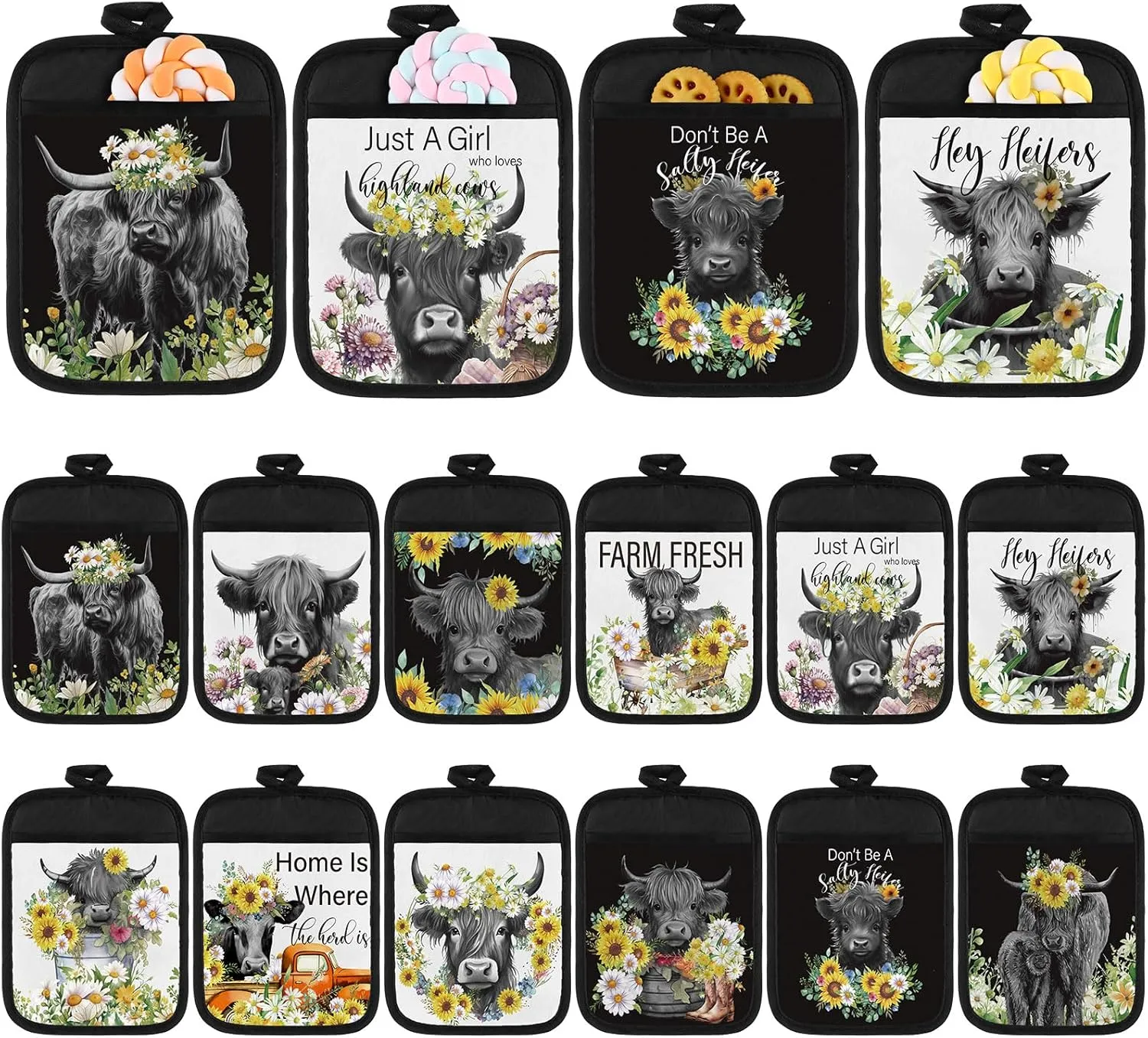 12 Pcs Highland Cattle Pot Holders with Pocket Sunflower Cow Pot Holders for Kitchen Hot Pads and Oven Mitts Floral Farmhouse Oven Gloves for Funny Gift Baking Cooking