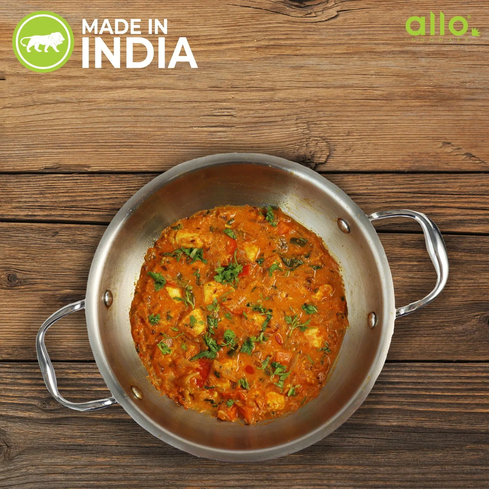 1.2L Allo CookSafe TriPly Kadhai | Stainless Steel | With Stainless Steel Lid | Induction Friendly | Naturally Non-stick | 18cm