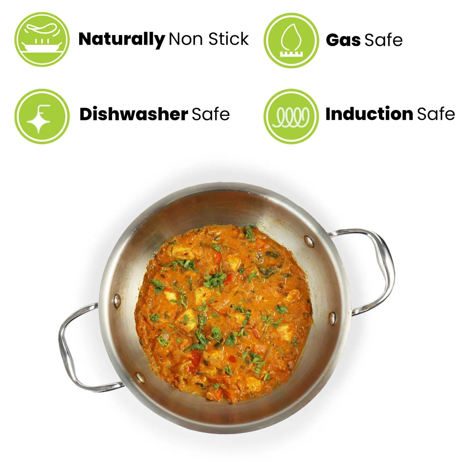 1.2L Allo CookSafe TriPly Kadhai | Stainless Steel | With Stainless Steel Lid | Induction Friendly | Naturally Non-stick | 18cm