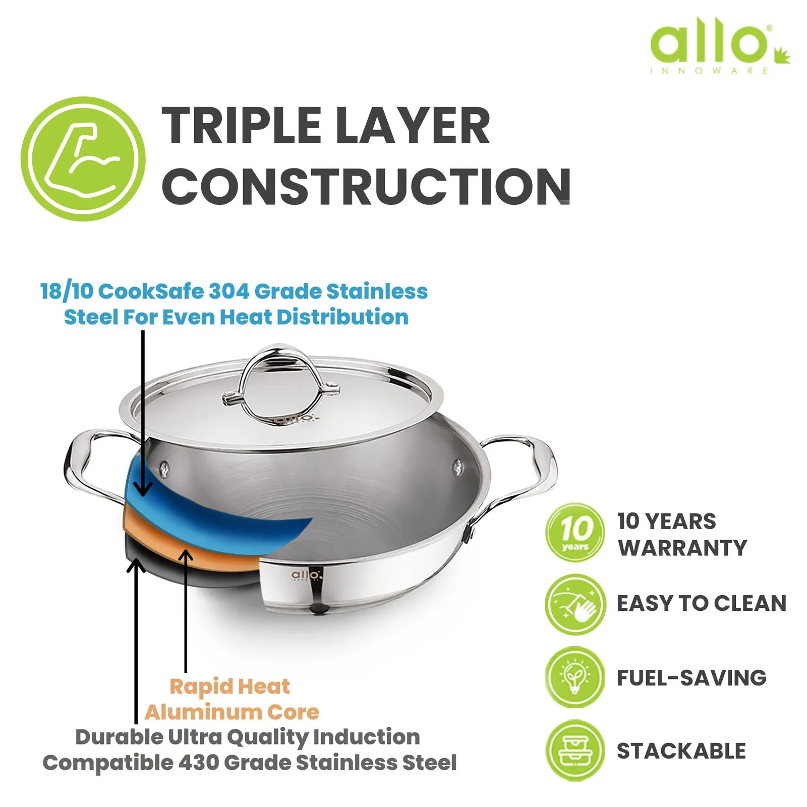 1.2L Allo CookSafe TriPly Kadhai | Stainless Steel | With Stainless Steel Lid | Induction Friendly | Naturally Non-stick | 18cm