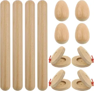 12PCS Wood Hand Percussion Shakers Musical Instruments for Kids Toddler Natural Wooden Percussion Toy Set for Gift 4PCS Egg Shakers 4PCS Musical Rhythm Sticks 4PCS Wooden Castanets