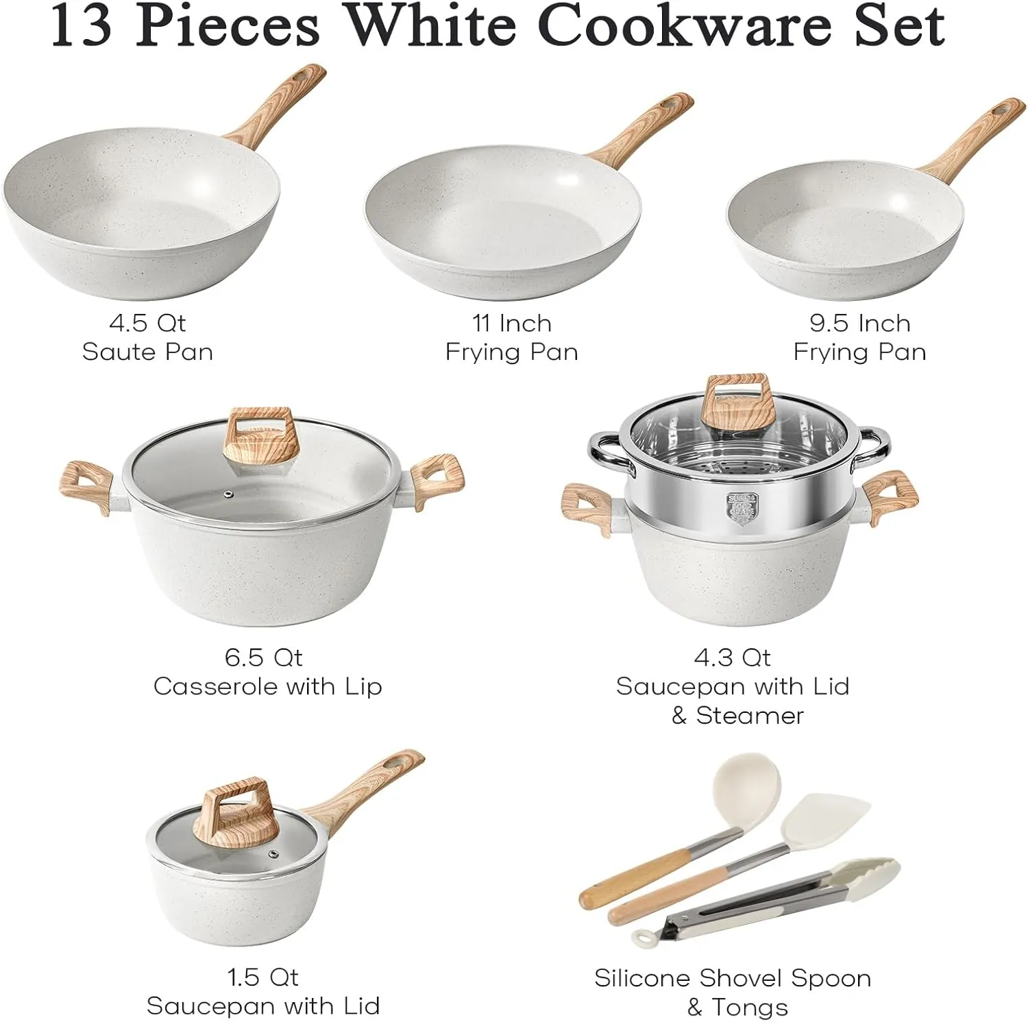 13 Pcs Pots and Pans Set Non Stick Kitchen Cookware Sets Nonstick Induction Cookware Non-toxic White Granite Cooking Tools with Stay-Cool Handles, Silicone Tools (PFOS/PFOA Free)
