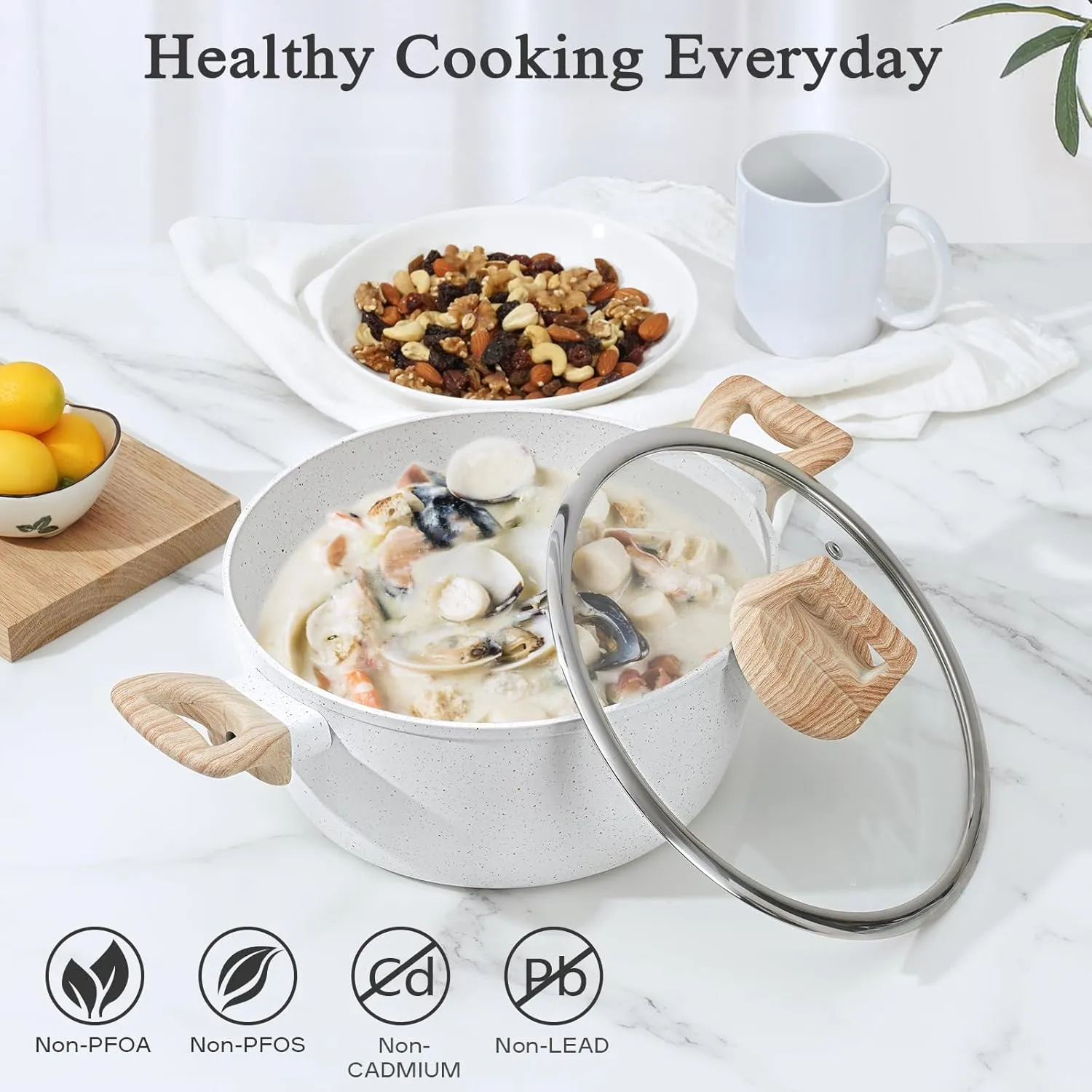 13 Pcs Pots and Pans Set Non Stick Kitchen Cookware Sets Nonstick Induction Cookware Non-toxic White Granite Cooking Tools with Stay-Cool Handles, Silicone Tools (PFOS/PFOA Free)