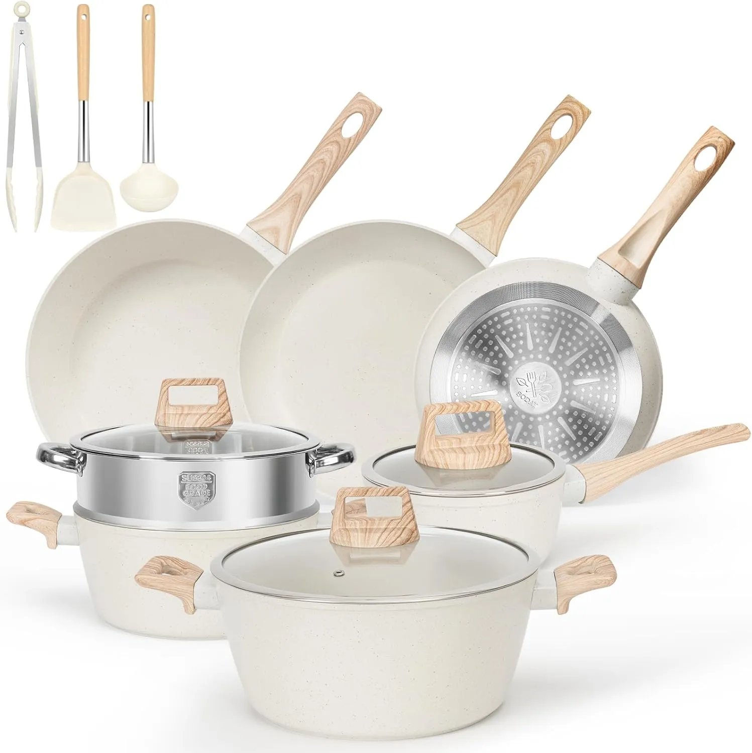13 Pcs Pots and Pans Set Non Stick Kitchen Cookware Sets Nonstick Induction Cookware Non-toxic White Granite Cooking Tools with Stay-Cool Handles, Silicone Tools (PFOS/PFOA Free)