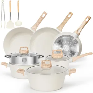 13 Pcs Pots and Pans Set Non Stick Kitchen Cookware Sets Nonstick Induction Cookware Non-toxic White Granite Cooking Tools with Stay-Cool Handles, Silicone Tools (PFOS/PFOA Free)
