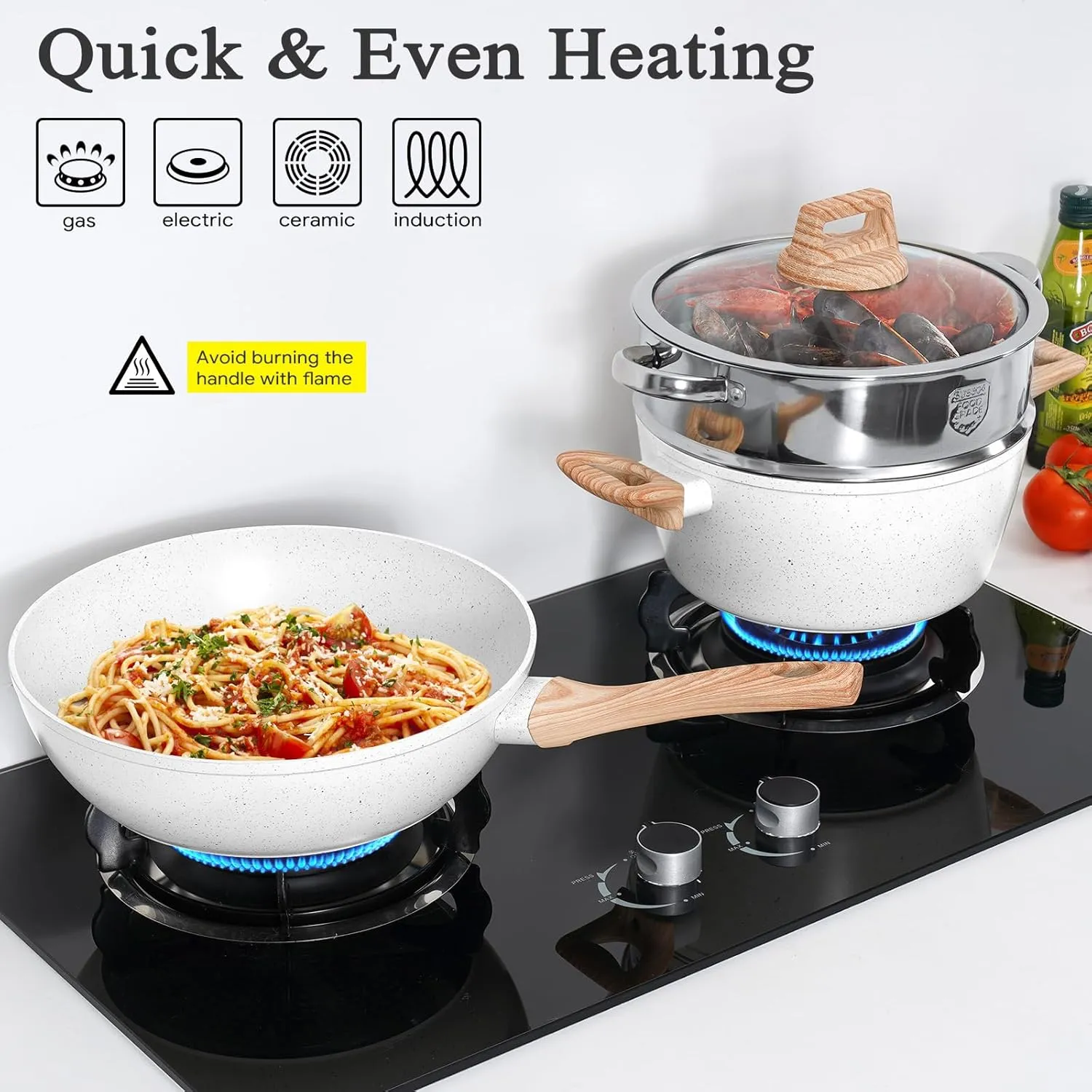 13 Pcs Pots and Pans Set Non Stick Kitchen Cookware Sets Nonstick Induction Cookware Non-toxic White Granite Cooking Tools with Stay-Cool Handles, Silicone Tools (PFOS/PFOA Free)