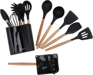 13-Piece Camping Cooking Utensils Set - Heat Resistant - Wooden Handle - - Black - Picnic Cookware Kit with Rack and Storage Box