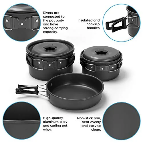 15pcs Camping Cookware Mess Kit,Non-Stick Lightweight Pots Pan Set w/ Stainless Steel Cups