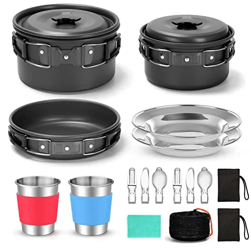 15pcs Camping Cookware Mess Kit,Non-Stick Lightweight Pots Pan Set w/ Stainless Steel Cups