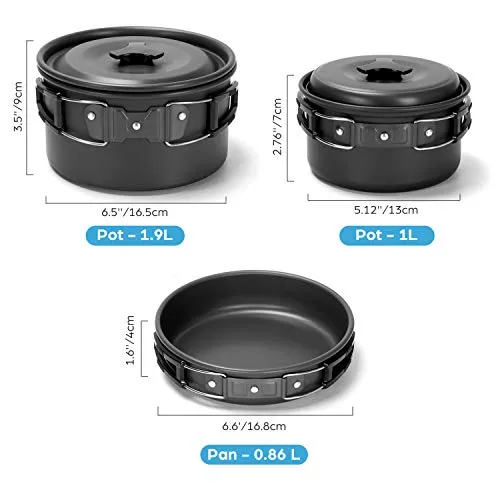 15pcs Camping Cookware Mess Kit,Non-Stick Lightweight Pots Pan Set w/ Stainless Steel Cups