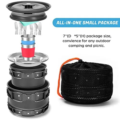 15pcs Camping Cookware Mess Kit,Non-Stick Lightweight Pots Pan Set w/ Stainless Steel Cups