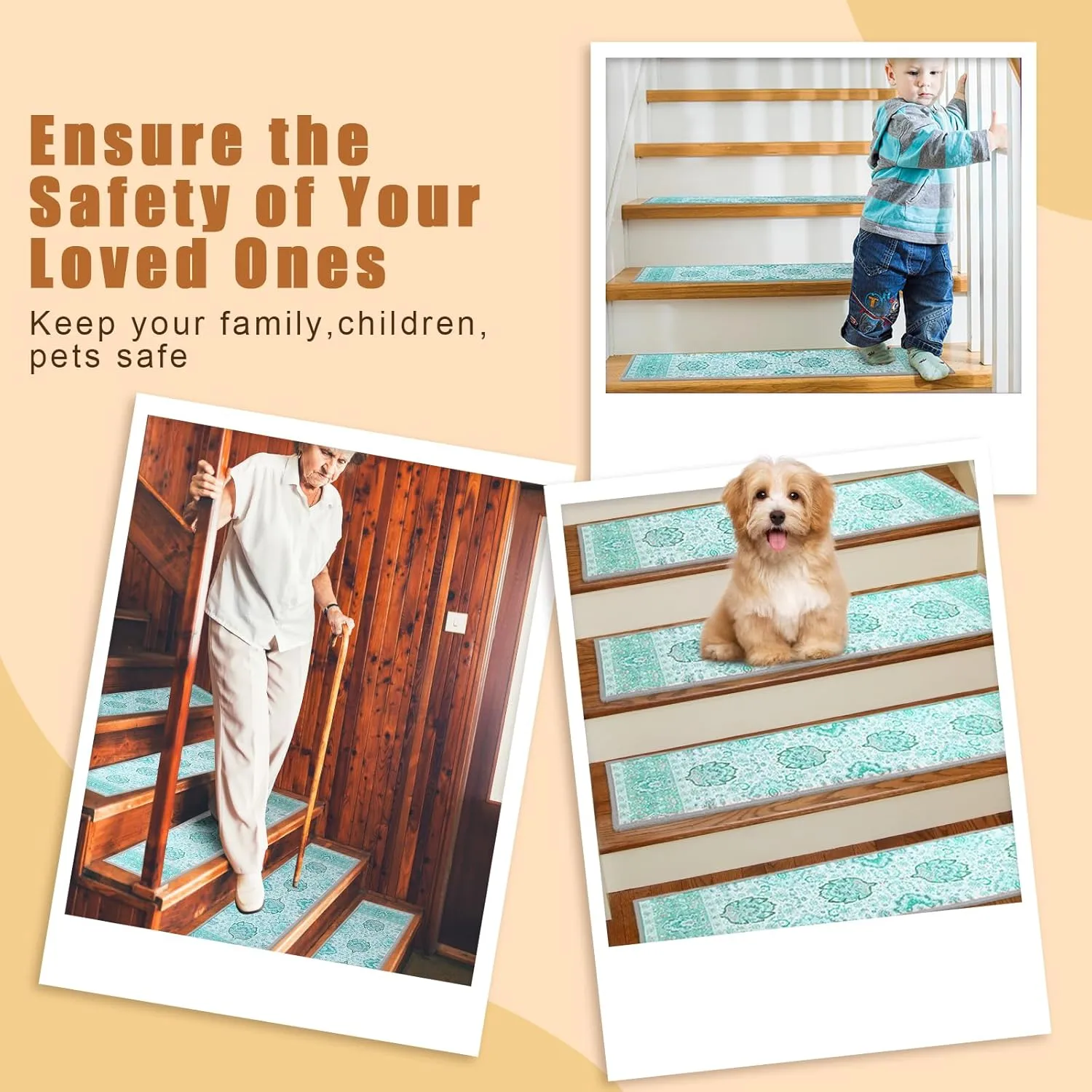 15Pcs Stair Treads for Wooden Steps Indoor with Self Adhesive, 8"x30" Non Slip Stair Treads Stair Carpet Runner, Resistant Indoor Runner for Kids、Elders and Pets, Blue
