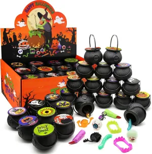 168 PCS Halloween Party Favors 24 Pack Prefilled Small Plastic Witch Cauldron Halloween Toys in Bulk Halloween Prizes Gifts for Kids Trick or Treat Goodie Bag Fillers Party Favor Toys