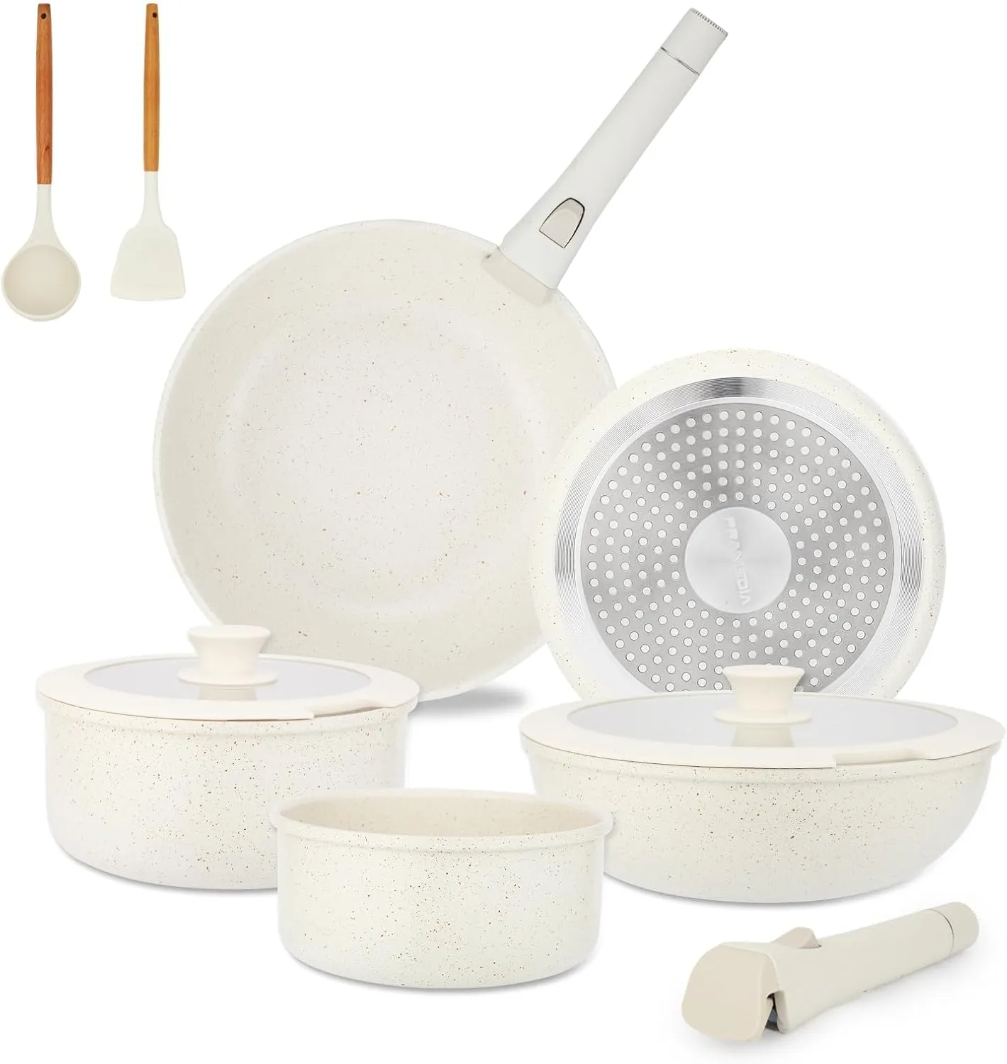 16PCS Pots and Pans with Removable Handles, Customized Handle Adjustable, Stackable RV Cookware with Deluxe Large Size, Dishwasher & Oven Safe, Induction Cookware Set Non Stick, Granite Cream White