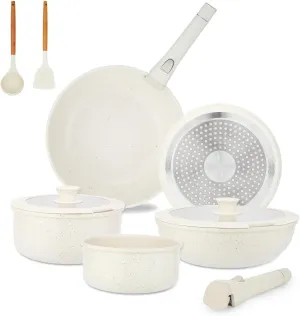 16PCS Pots and Pans with Removable Handles, Customized Handle Adjustable, Stackable RV Cookware with Deluxe Large Size, Dishwasher & Oven Safe, Induction Cookware Set Non Stick, Granite Cream White