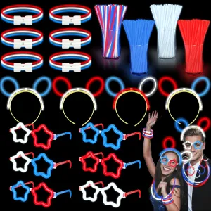 180 Pcs 4th of July Light Up Party Favors, 12 Red White Blue Star Glasses 6 Headbands 12 Bracelets 150 Patriotic Glow Sticks Bulk with Connectors Glow in the Dark Party Supplies Memorial Day Decor