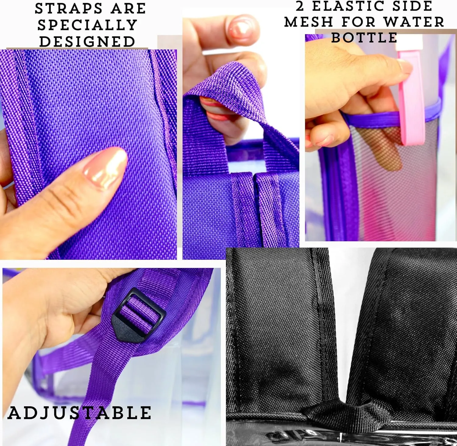 2-2 Pack Clear Backpack Bulk for Students SeeThrough Bag (Multicolor) With Keychain Incluide Transparen Stadium Backpack (1 Black / 1 Purple) 2 Key Shain Letter D, Large, TY22092704