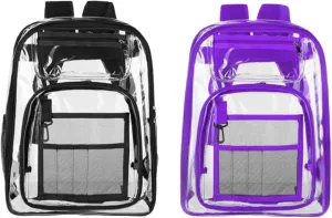 2-2 Pack Clear Backpack Bulk for Students SeeThrough Bag (Multicolor) With Keychain Incluide Transparen Stadium Backpack (1 Black / 1 Purple) 2 Key Shain Letter D, Large, TY22092704