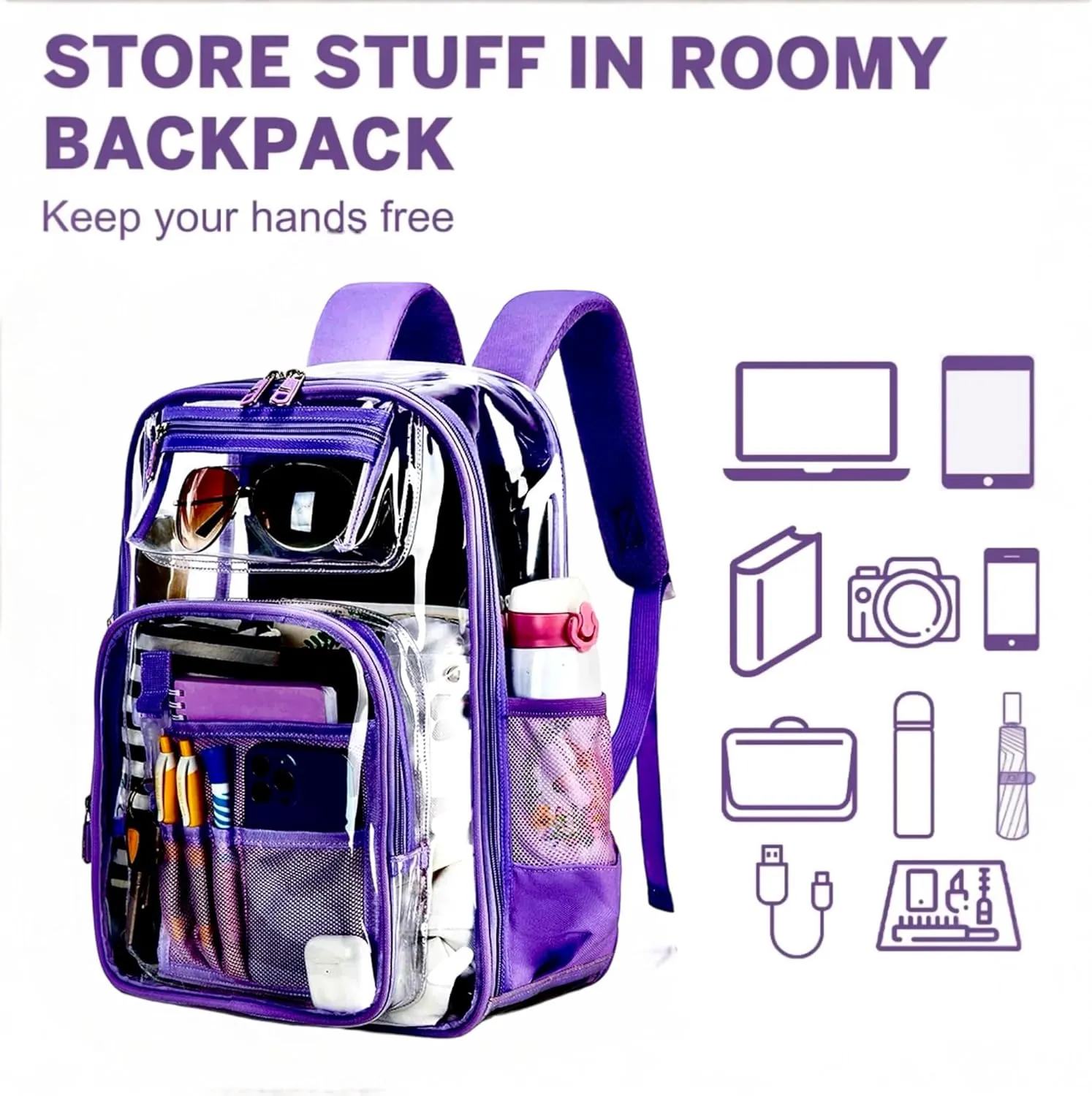 2-2 Pack Clear Backpack Bulk for Students SeeThrough Bag (Multicolor) With Keychain Incluide Transparen Stadium Backpack (1 Black / 1 Purple) 2 Key Shain Letter D, Large, TY22092704
