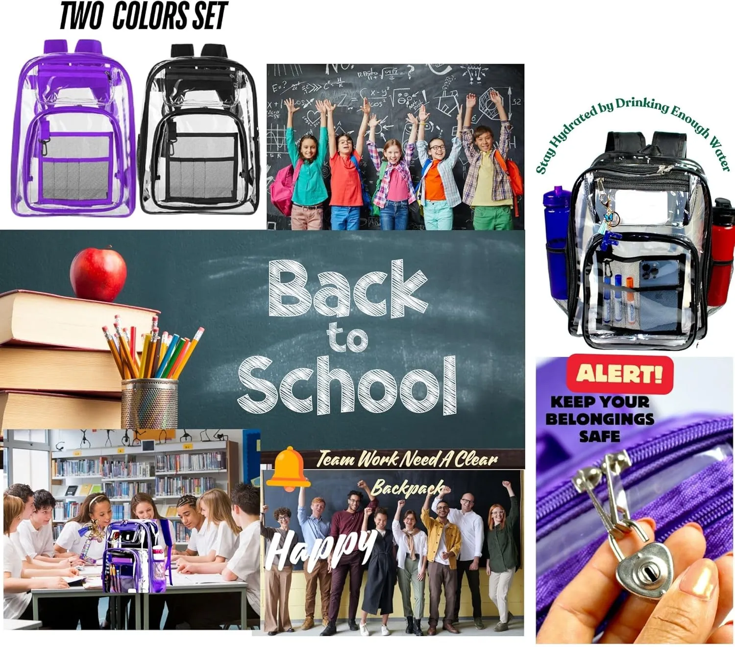 2-2 Pack Clear Backpack Bulk for Students SeeThrough Bag (Multicolor) With Keychain Incluide Transparen Stadium Backpack (1 Black / 1 Purple) 2 Key Shain Letter D, Large, TY22092704
