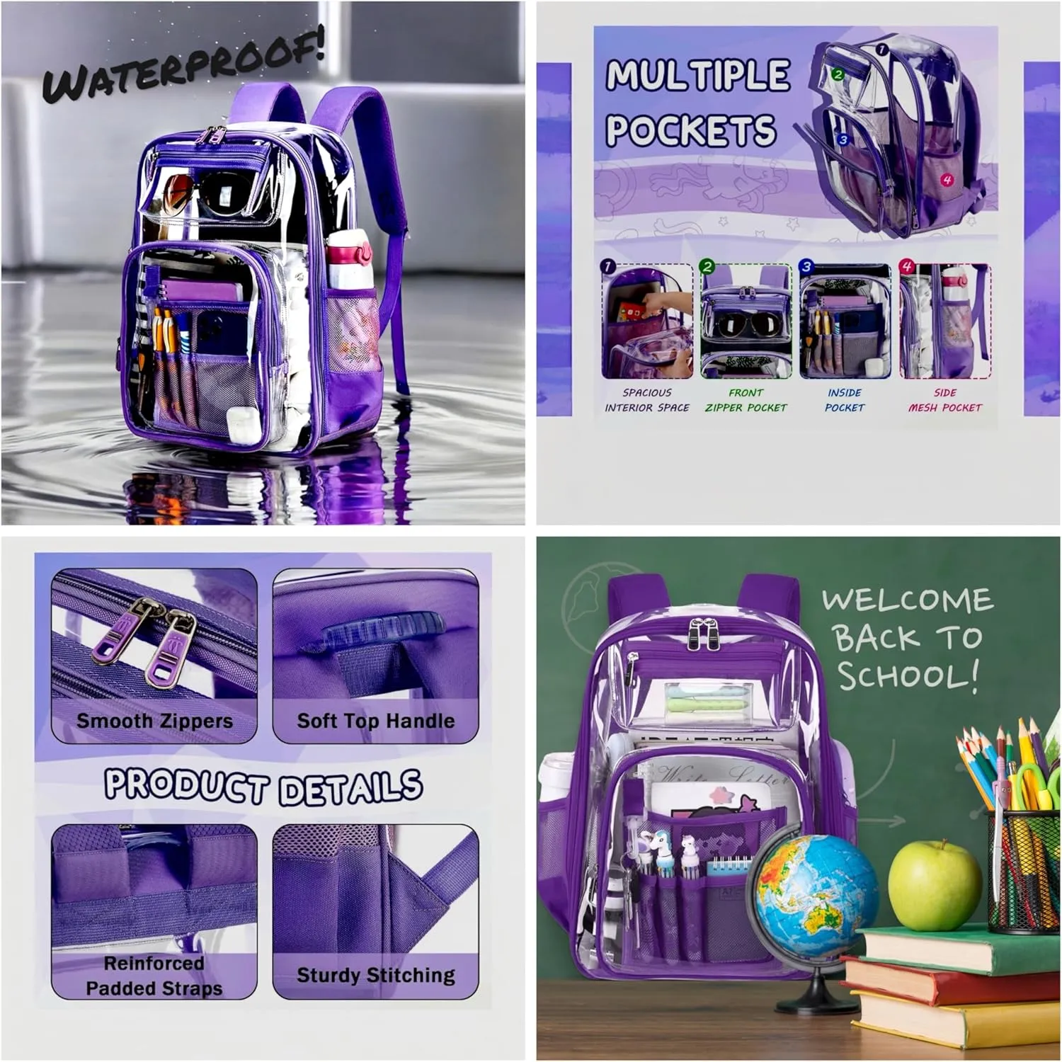 2-2 Pack Clear Backpack Bulk for Students SeeThrough Bag (Multicolor) With Keychain Incluide Transparen Stadium Backpack (1 Black / 1 Purple) 2 Key Shain Letter D, Large, TY22092704