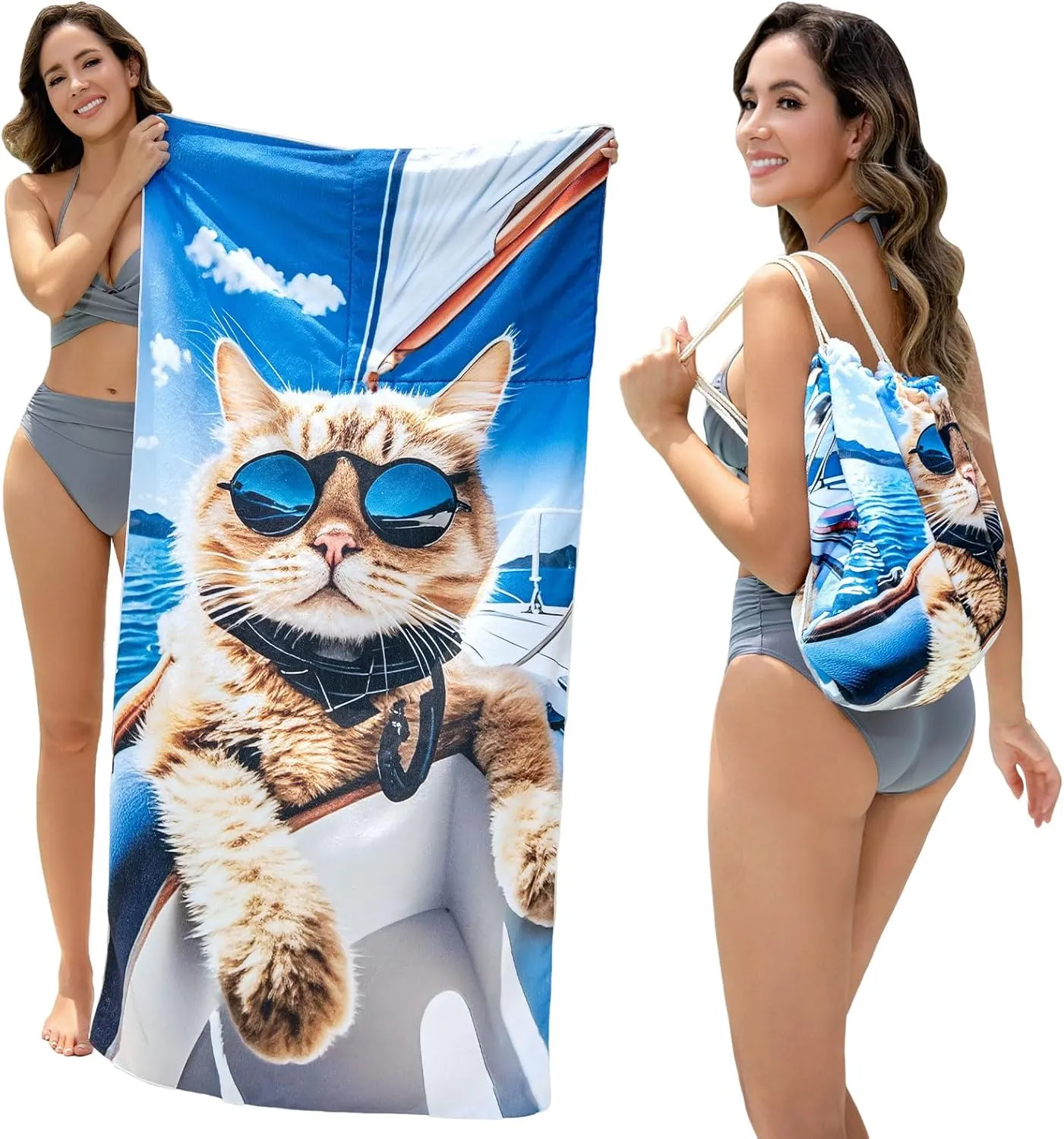 2-in-1 Beach Towel Bag - 63" x 31.5" Microfiber Large Oversized Lightweight Beach Blanket, Beach Towel Essentials for Women Men Holiday Travel Picnic