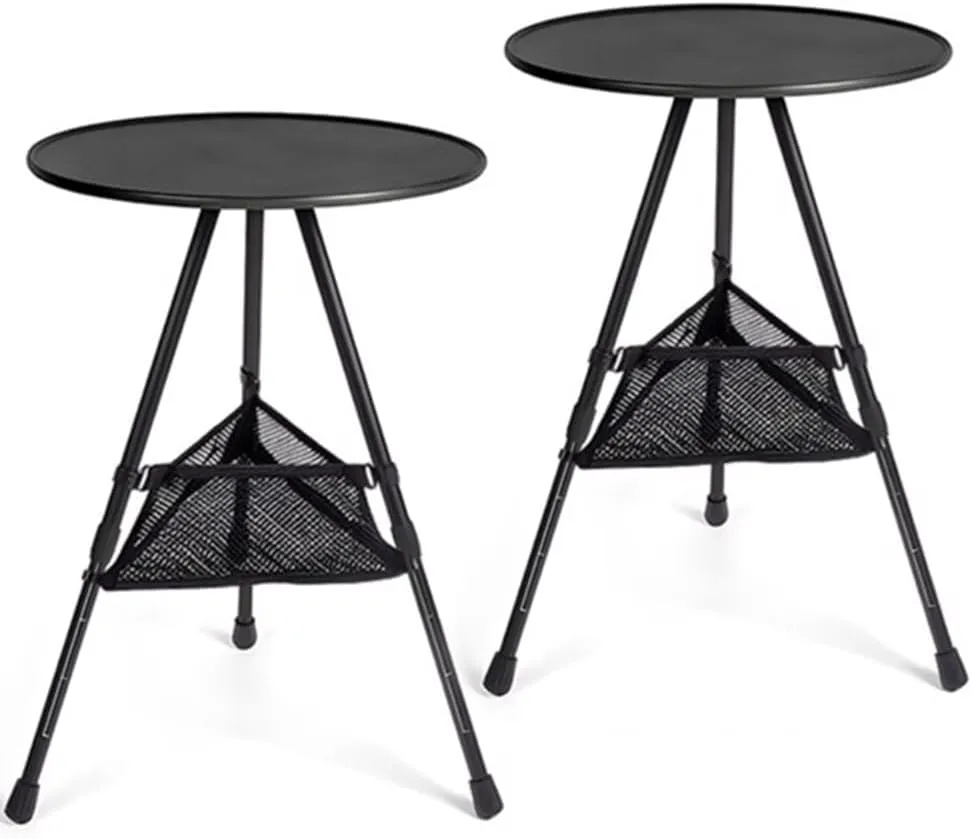 2-Pack 14.5 inch Round Camping Table, Lightweight Aluminum Folding Table for Outdoor, BBQ, Picnic w/Storage Nets, 110lb Capacity, Portable for Travel & Beach (Black)