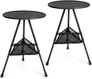 2-Pack 14.5 inch Round Camping Table, Lightweight Aluminum Folding Table for Outdoor, BBQ, Picnic w/Storage Nets, 110lb Capacity, Portable for Travel & Beach (Black)