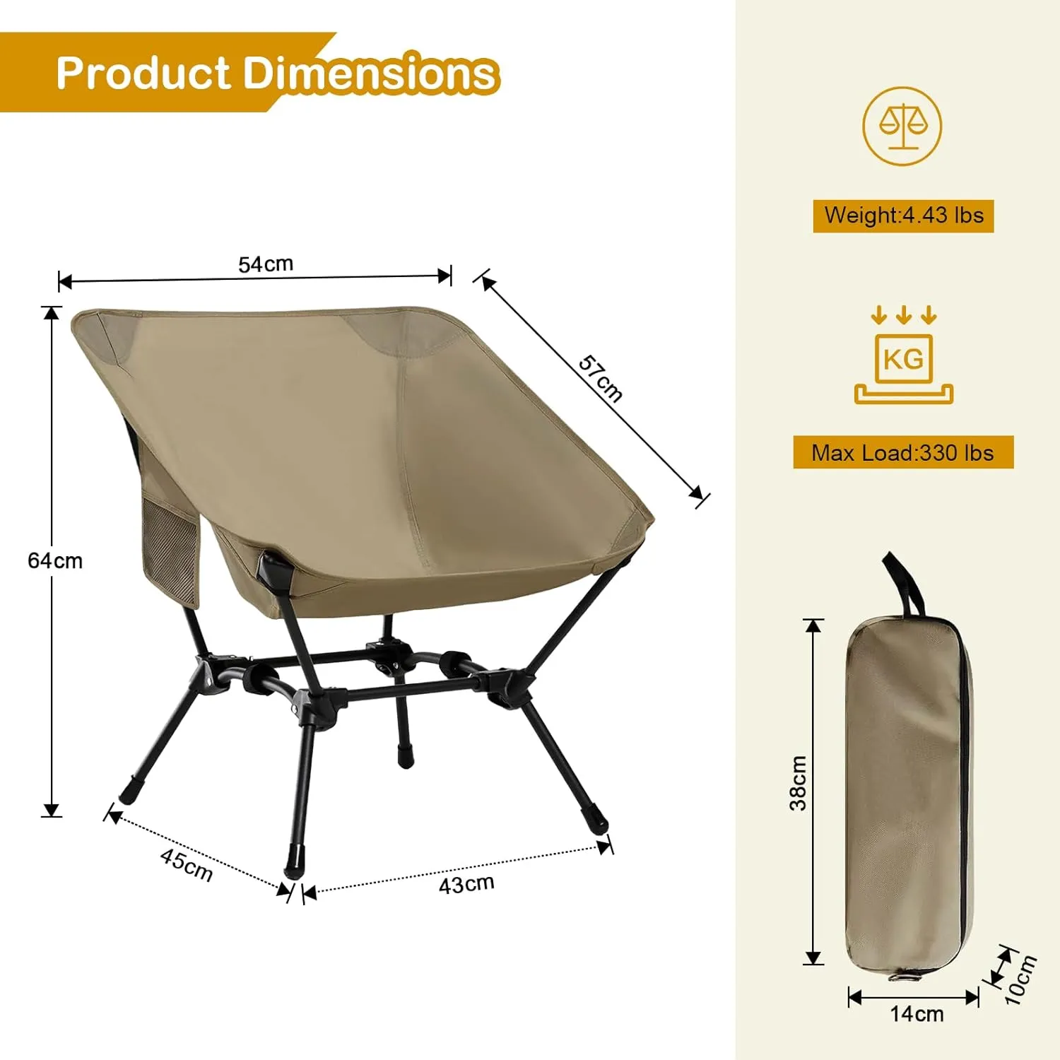 2 Pack Folding Camping Chair, Adjustable 2-Way Camping Chairs for Adults Portable Foldable Compact Backpacking Chair for Outdoor Hiking Picnic Beach BBQ-Khaki