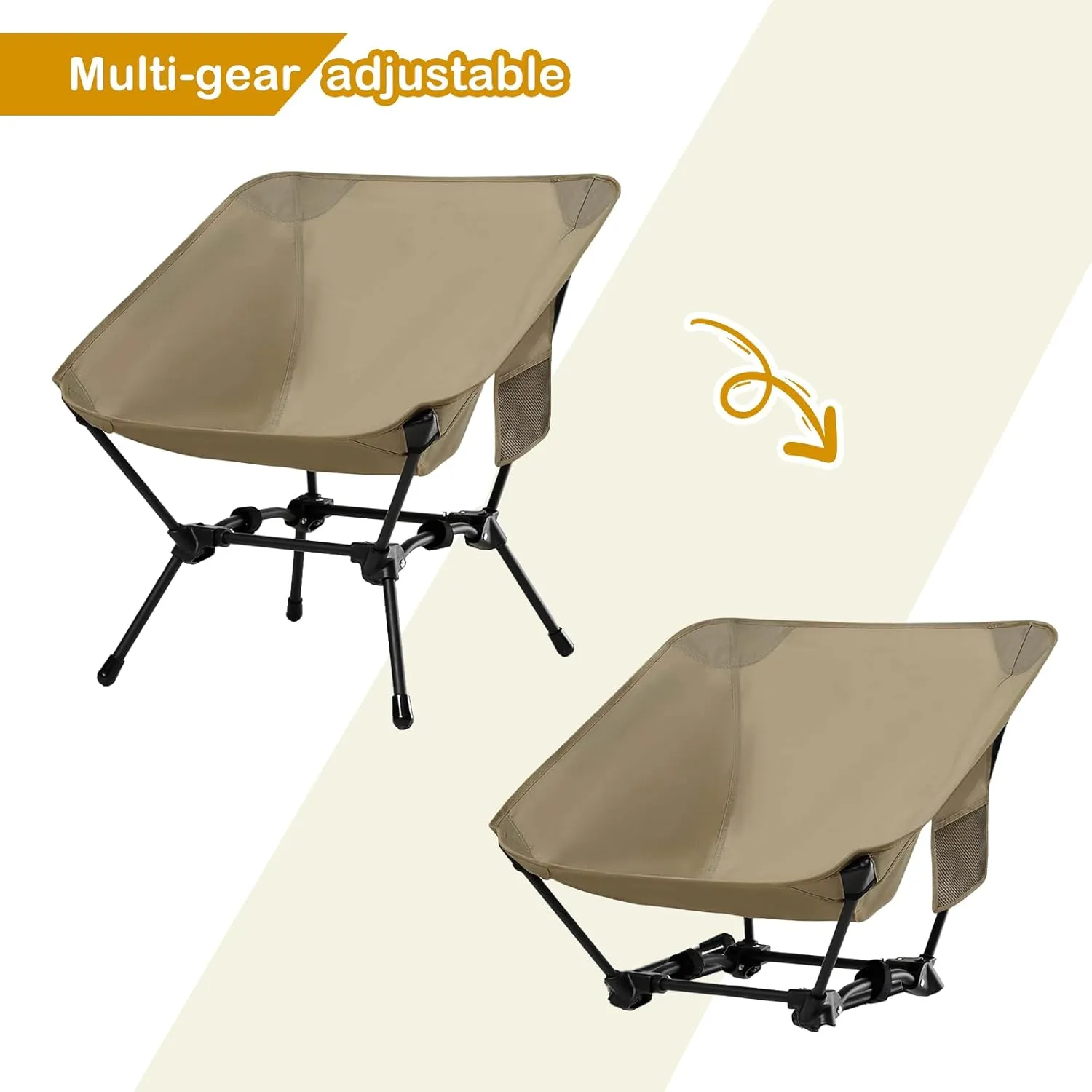 2 Pack Folding Camping Chair, Adjustable 2-Way Camping Chairs for Adults Portable Foldable Compact Backpacking Chair for Outdoor Hiking Picnic Beach BBQ-Khaki