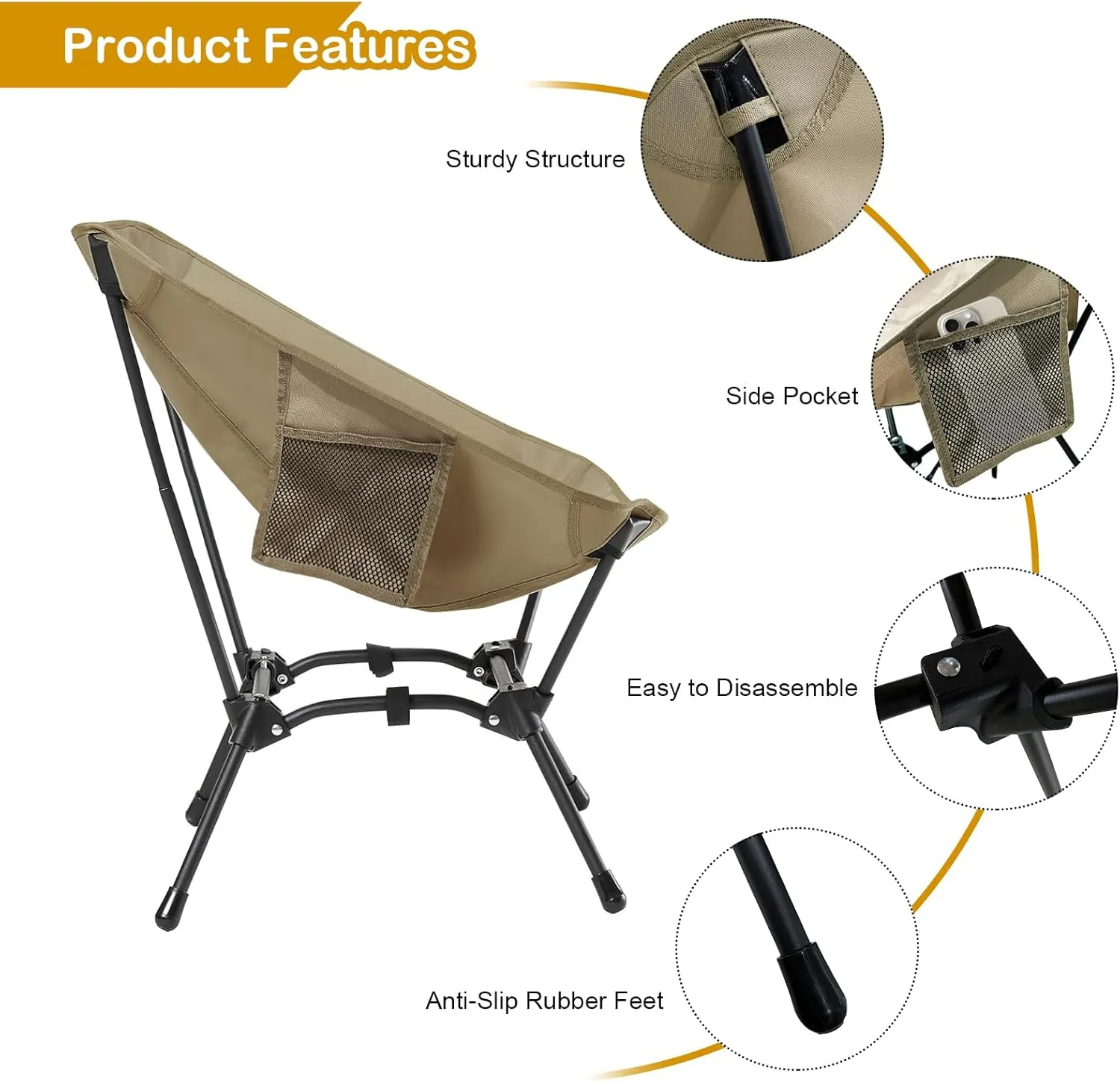 2 Pack Folding Camping Chair, Adjustable 2-Way Camping Chairs for Adults Portable Foldable Compact Backpacking Chair for Outdoor Hiking Picnic Beach BBQ-Khaki