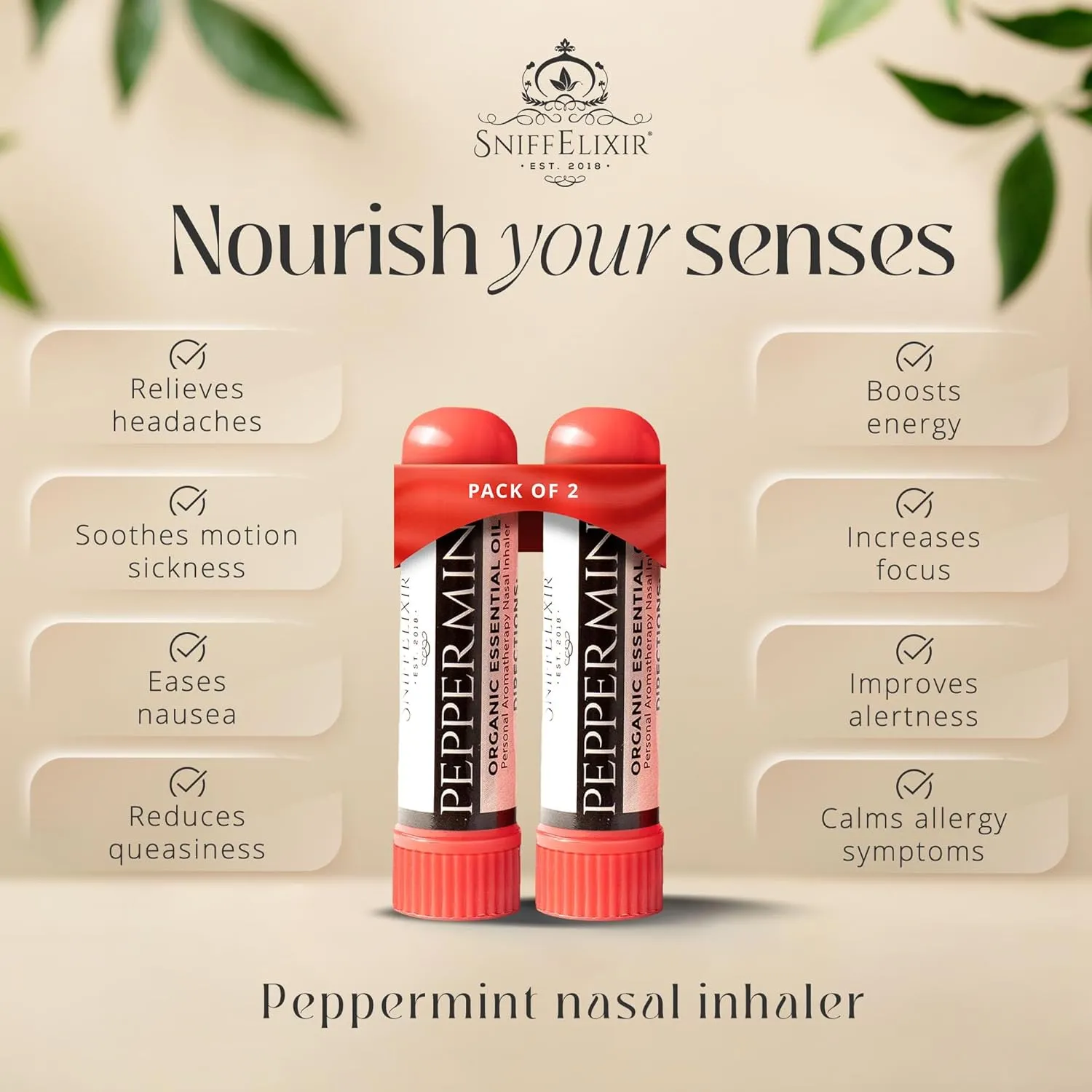 2 Packs Peppermint Nasal Inhaler Sticks - Non Drowsy Motion Sickness Nausea Stick w/Peppermint Aromatherapy Oil for Migraine Stick and Headache Stick, Portable Peppermint Nasal Sticks