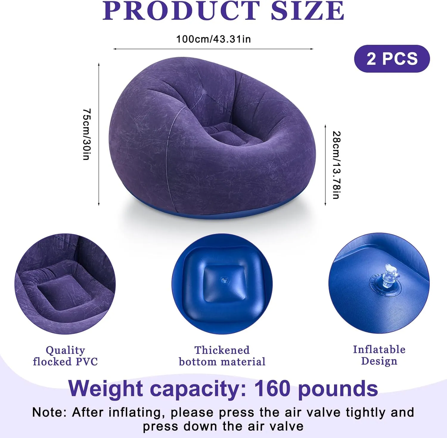 2 Pcs Bean Bag Chairs for Adults Kids Inflatable Chairs with Electric Air Pump Blow up Chair Inflatable Lazy Sofa Folding Portable Inflatable Chair for Living Room Bedroom(Blue)
