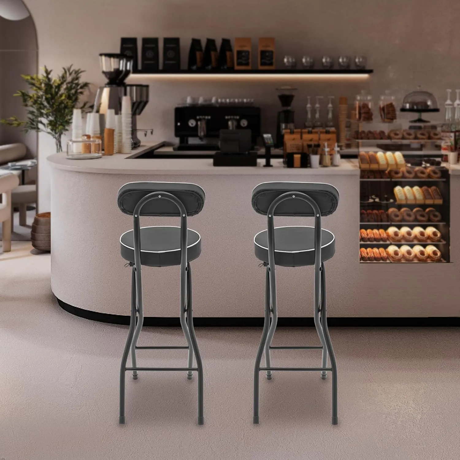 2 Pcs Folding Bar Stool with Back, 25.6 in Black Folding Stools Cushioned Padded Folding Stool Chairs for Adults Kitchen Island Pop Up Events Camping Cafe