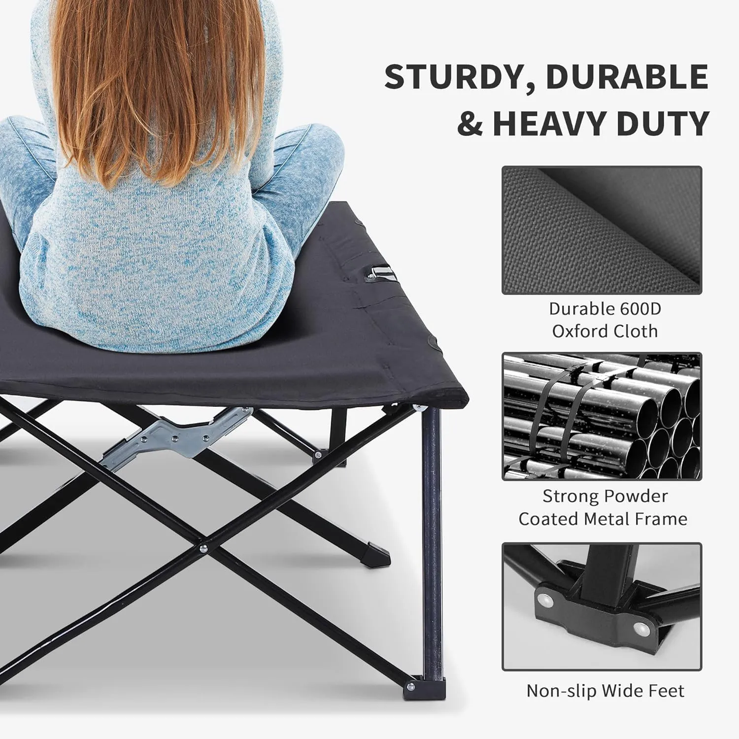 2 Person Folding Camping Cot, Double Camping Cot with Carring Bag, Steel Frame and Oxford Fabric, Elevated Camping Bed for Camping Beach and Hiking, Black