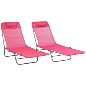 2 Piece Folding Chaise Lounge Chairs, with Reclining Back, Breathable Mesh Seat, Headrest, Pink