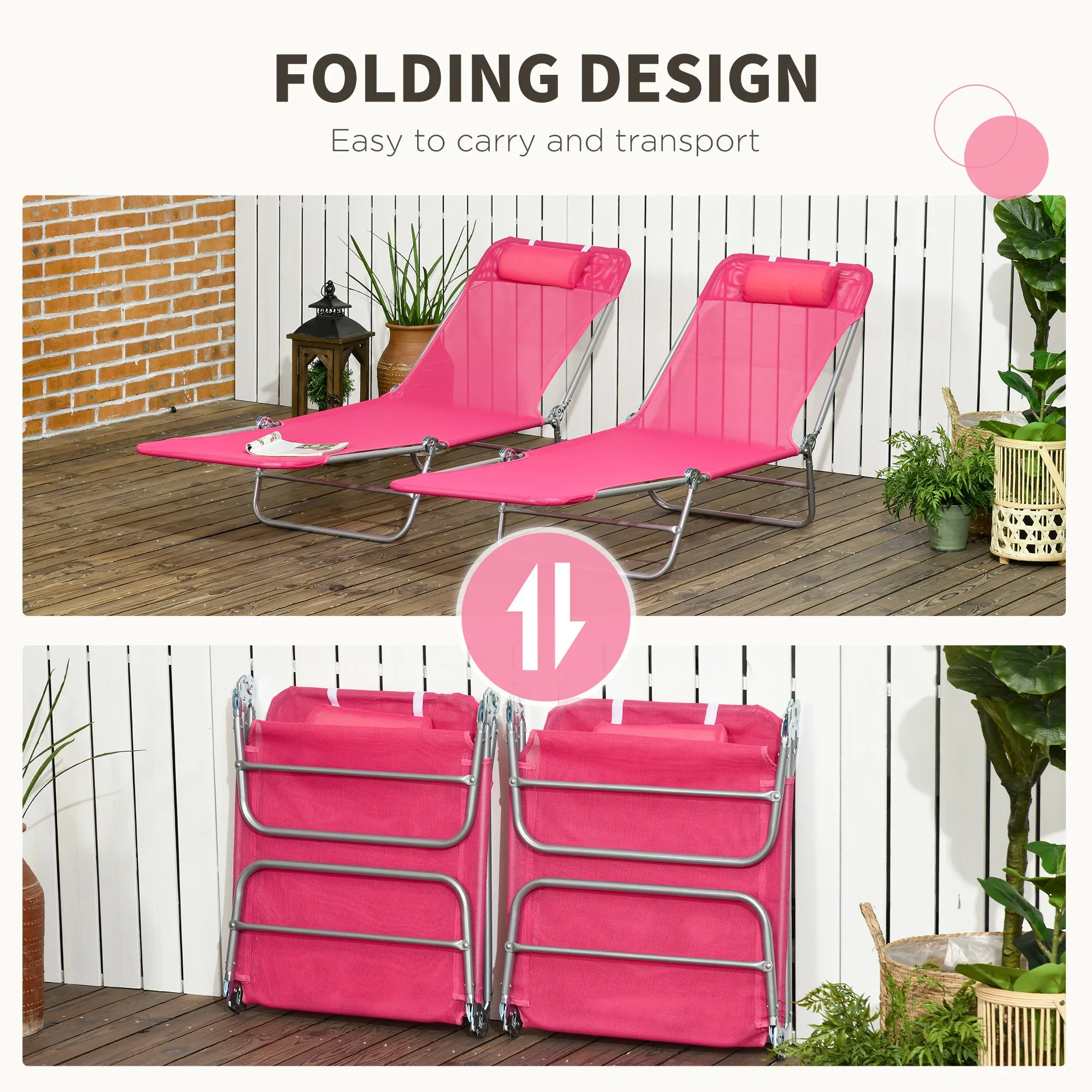 2 Piece Folding Chaise Lounge Chairs, with Reclining Back, Breathable Mesh Seat, Headrest, Pink