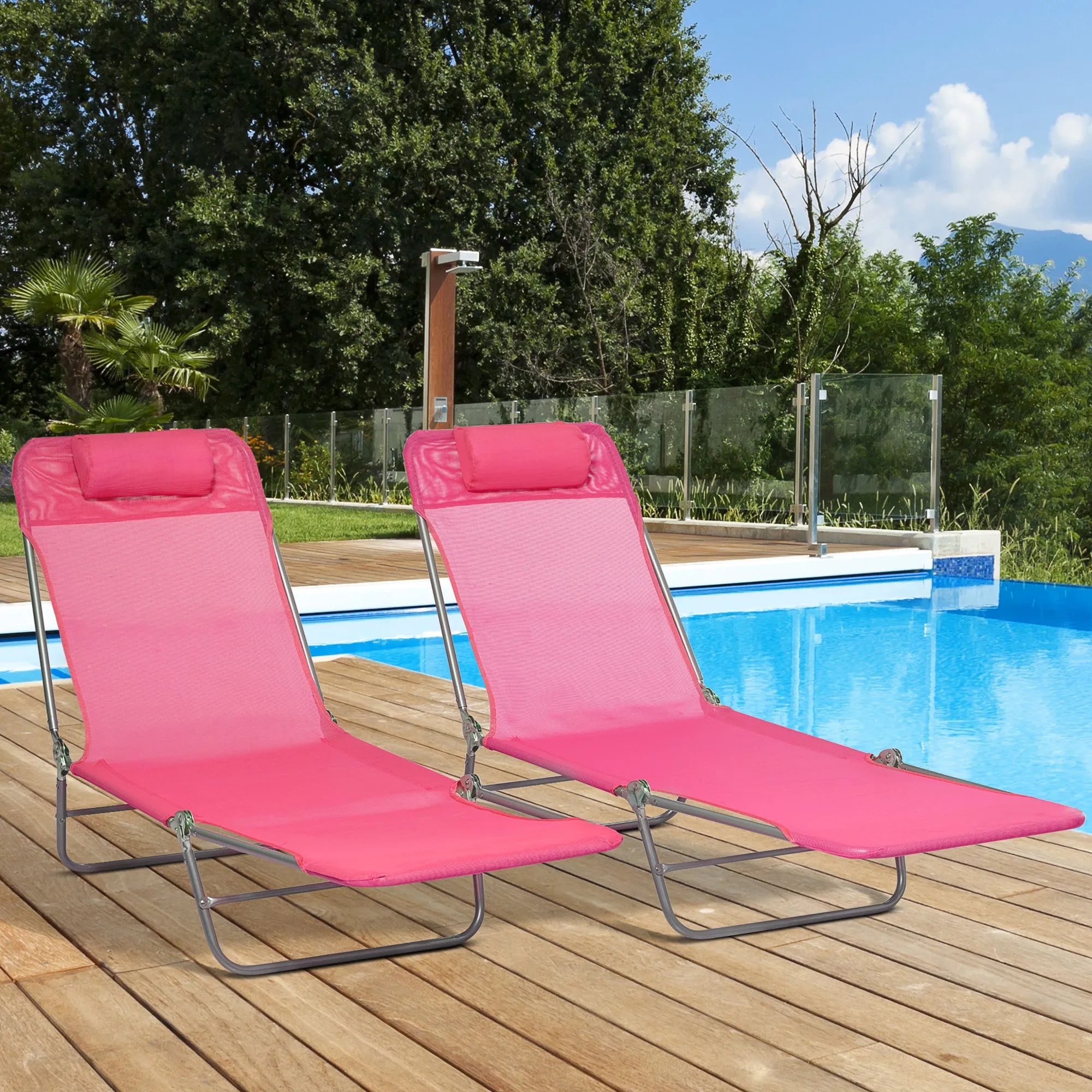 2 Piece Folding Chaise Lounge Chairs, with Reclining Back, Breathable Mesh Seat, Headrest, Pink