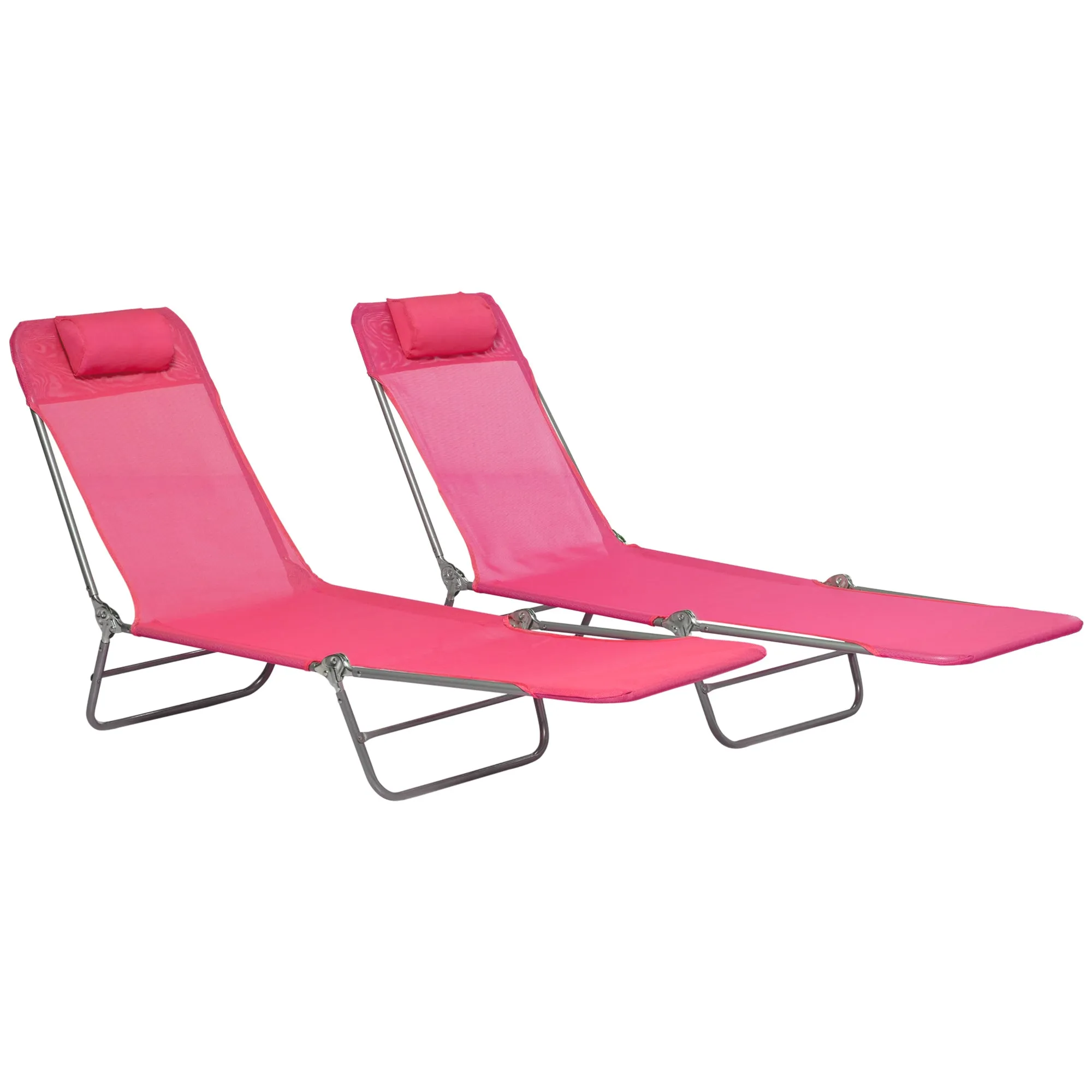 2 Piece Folding Chaise Lounge Chairs, with Reclining Back, Breathable Mesh Seat, Headrest, Pink