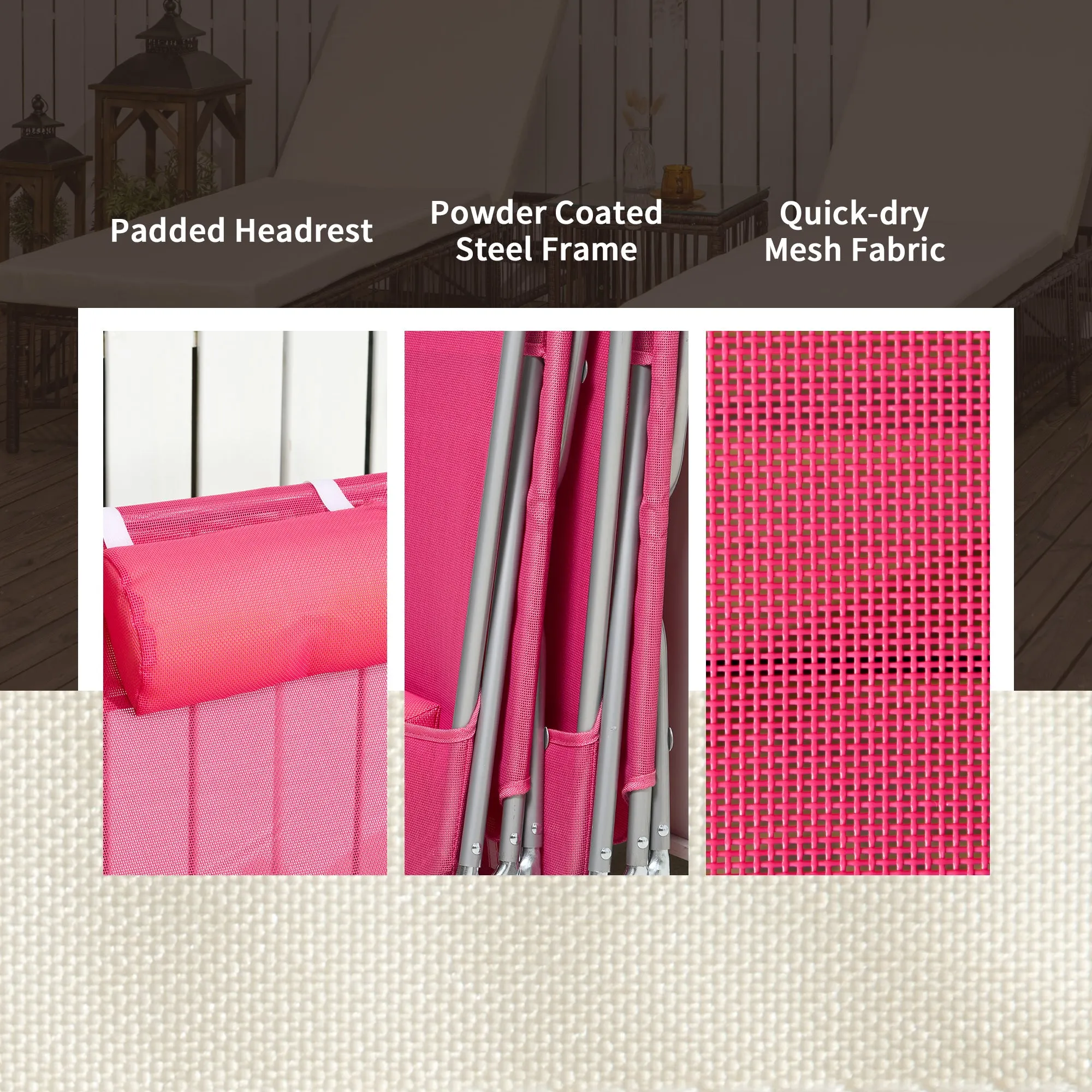 2 Piece Folding Chaise Lounge Chairs, with Reclining Back, Breathable Mesh Seat, Headrest, Pink